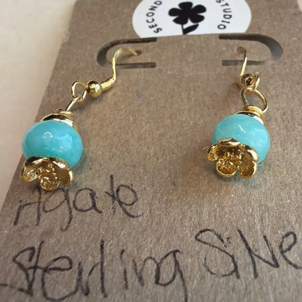 Gemstone Earrings, Aqua Blue Agate, Gold Over Sterling Silver Ear Hooks, Flower